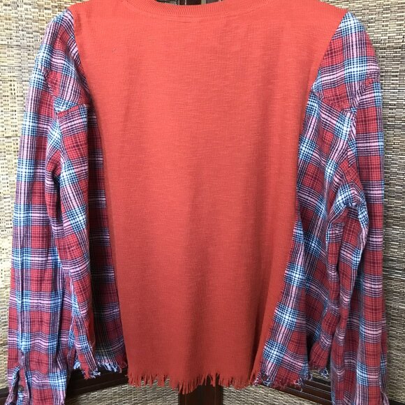 Reworked Flannel Shirt, M-L: Upcycled Oversized Rust Waffle Knit Top, Fringy Hem - Picture 7 of 13